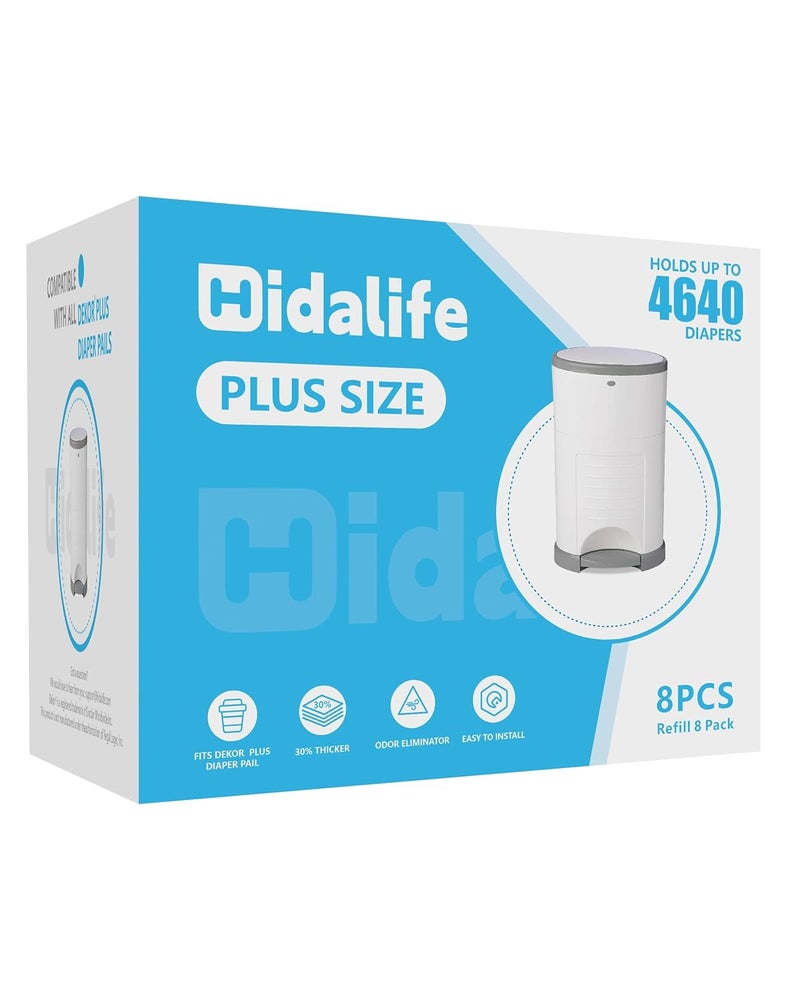 HIDALIFE عبوات إعادة تعبئة متوافقة مع سلات حفاضات ديكور بلس، أكياس نفايات حفاضات قابلة للتخلص، بطانات إعادة تعبئة سلات حفاضات سميكة إضافية، تحمل حتى 4640 حفاض (8 عبوات) - Image 1